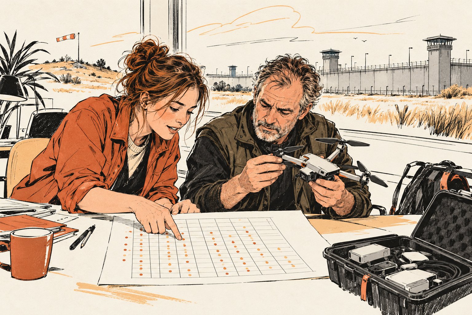 Illustratie van onderzoekers die dronemeldingen en een teruggevonden drone apart beoordelen