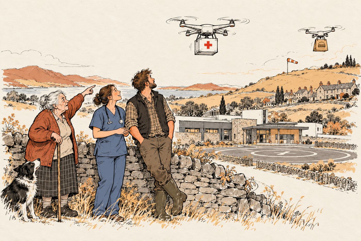 Illustratie: dorpsbewoners en een verpleegkundige bij een ziekenhuis kijken naar een medische drone met bloedmonsters en een tweede drone met een maaltijdtas